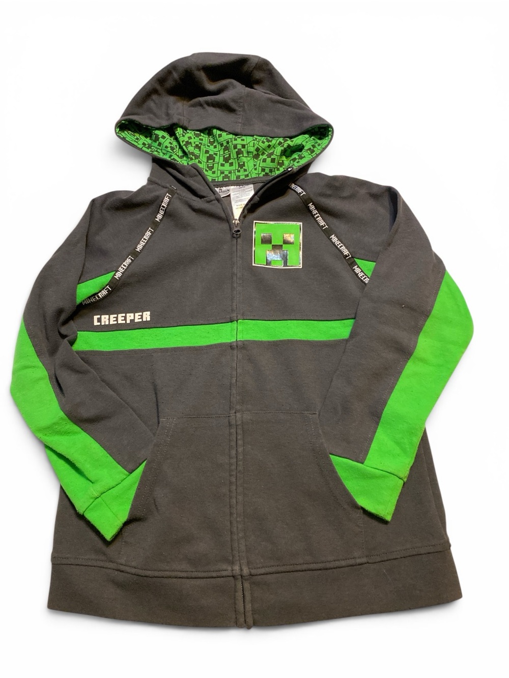 Kids' Minecraft Creeper Zip Hoodie - Black with Green Accents size 10-12